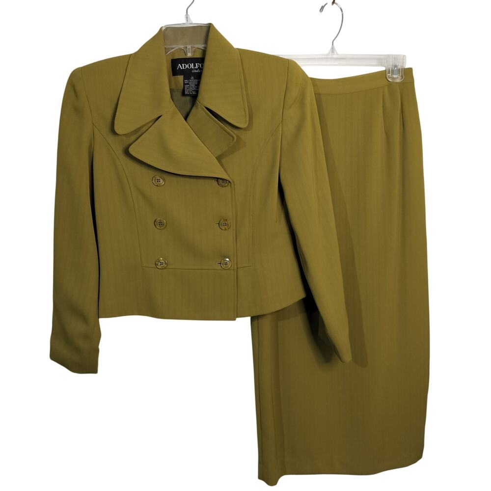 4566)Adolfo Atelier 2 Pcs Olive Green Career Office Smart Blazer Skirt Set Sz 4